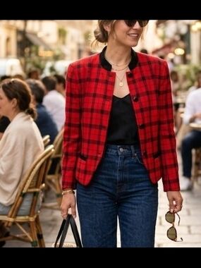 Pendleton Vintage 90's Red and Black Mandarin Collar Wool Jacket (Sz 10) Classic